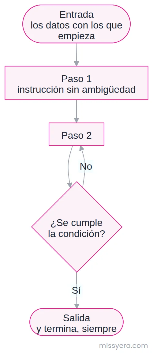 Anatomía de un algoritmo: una entrada, pasos sin ambigüedad, una condición que puede repetir un paso, y una salida en la que siempre termina.