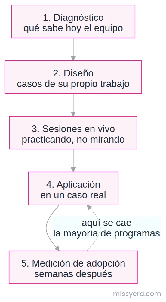 Las cinco fases de la metodología de enseñanza: diagnóstico del nivel, diseño con casos del propio trabajo, sesiones en vivo practicando, aplicación en un caso real y medición de adopción semanas después.