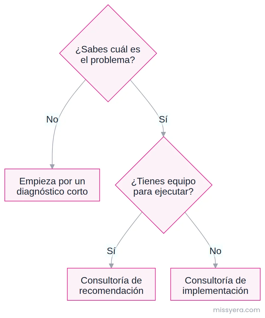 Ruta de decisión para elegir consultoría: si no sabes cuál es el problema, empieza por un diagnóstico corto; si lo sabes y tienes equipo, te sirve una consultoría de recomendación; si no lo tienes, necesitas una de implementación.