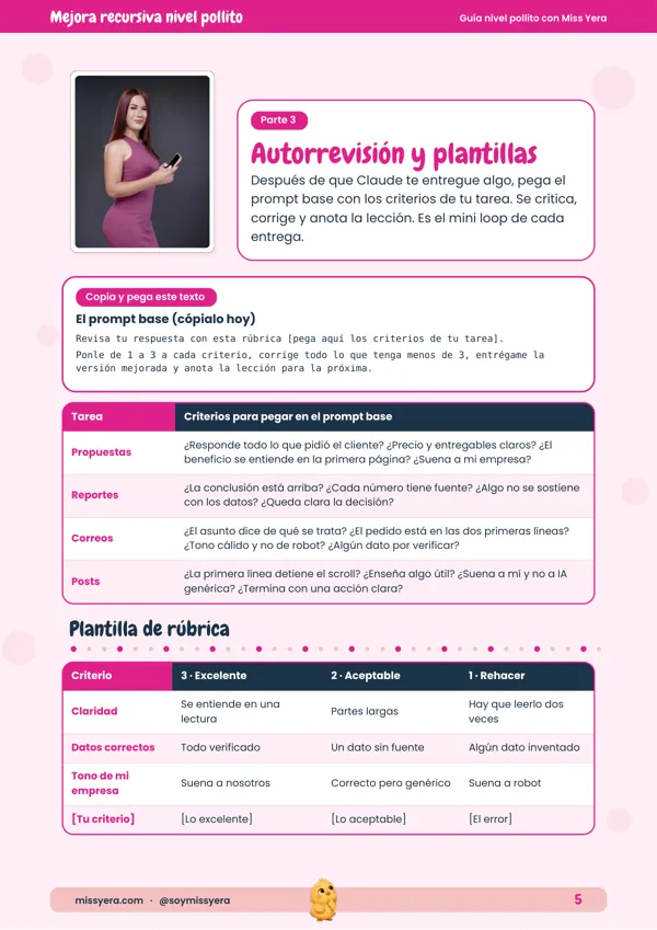 Plantilla de rúbrica de evaluación y prompt base de autorrevisión